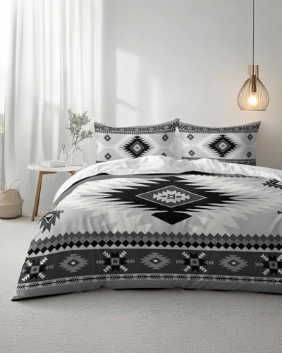 Duvet Cover Set Full, Aztec Gray Geometric Pattern 3 Piece Bedding Set