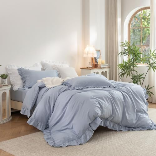 Ruffle Duvet Cover Set 100% Washed Cotton Linen Feel 3‐Pcs King