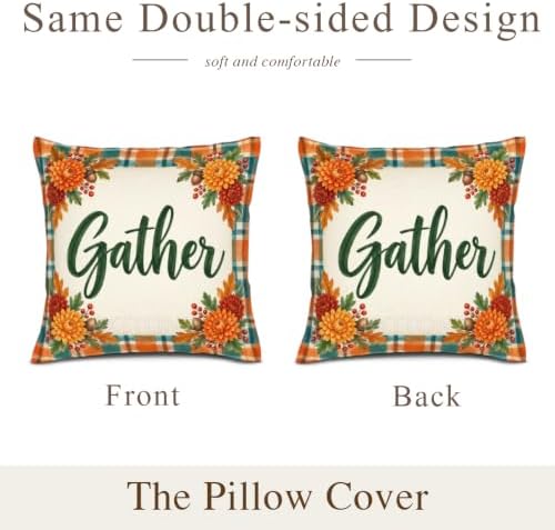 Leaves Plaid Decor Pillow Covers 22x22 Inch Set of 2 Linen for Fall