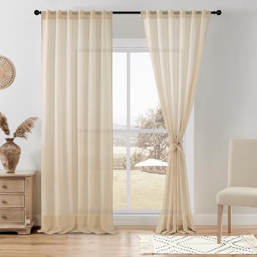 DWCN Beige Faux Linen Sheer Curtains, 2 Panels, 60x84 Inch