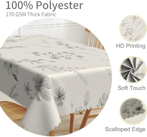 Gray Flowers Table Cloth 70x70 Inch Spring Summer Botanical Plants