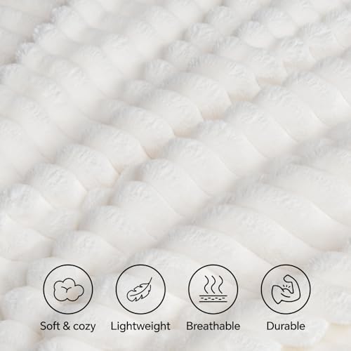 INFIIXSO Striped Sherpa Throw Blanket for Couch, Warm Plush, White