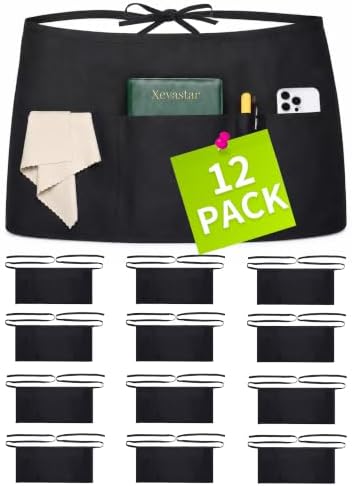 12 Pack Server Apron with 4 Pockets, Black