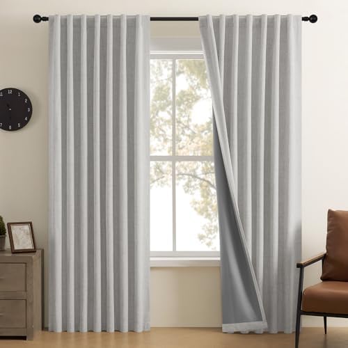 CUCRAF Linen 100% Blackout Curtains 63 Inch Length 2 Panels Set, Back
