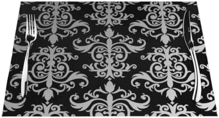 Black and Gray Damask Placemats 6 PCS Heat Resistant Washable Woven