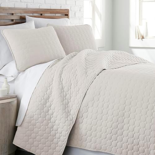 Beige King Quilt Set with 2 Quilted Pillow Shams, Summer Bedspread