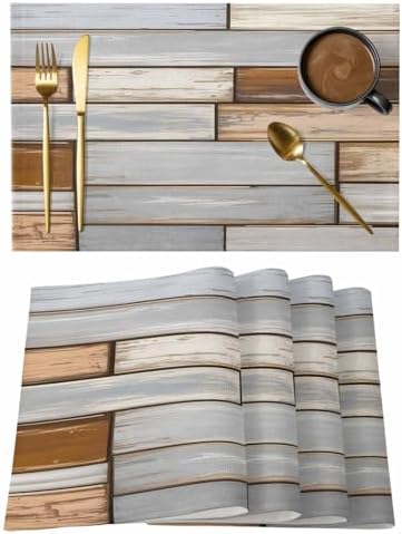 Country Vintage Wood Plank Placemats Set of 4 Washable Table Mats for