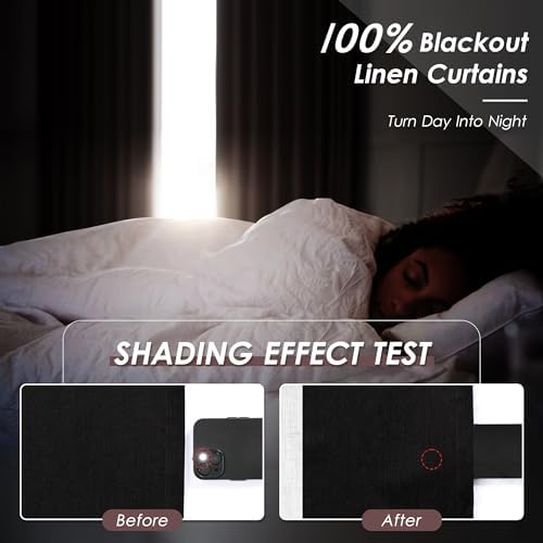 Black Linen Blackout Curtains 84 Inches for Bedroom Pinch Pleated