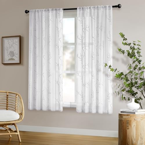 HOMEIDEAS White and Grey Sheer Curtains 52 X 63 Inches Length, 2