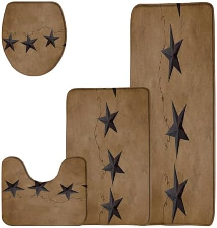 4 Pieces Bathroom Rug Sets,Rustic Primitive Rusty Star Vintage Brown