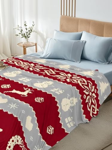 Cal King Size Flat Sheet Only, Xmas Snowman Elk Pine Tree Bed Top