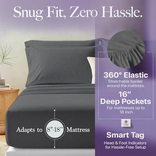 Carressa Linen 600 Series King Size Sheets Set, 16" Deep Pocket, Dark