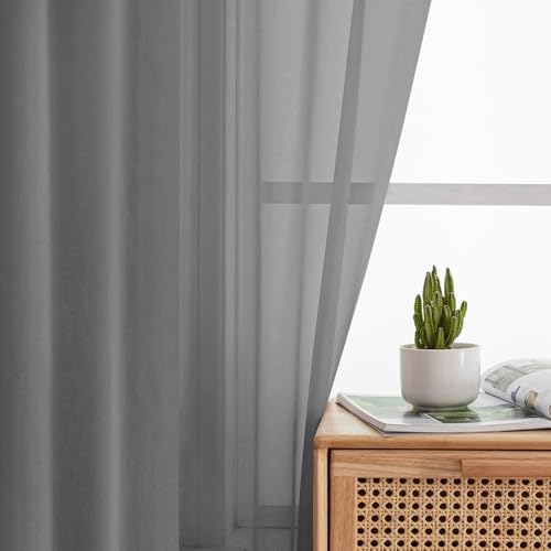 Sheer Grey Curtains for Bedroom Living Room 63 Inch Length 2 Panels