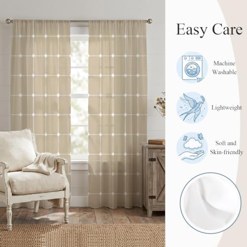 T&H XHome Minimalist Sheer Curtains 108 Inch Long 2 Panels Grid Lines