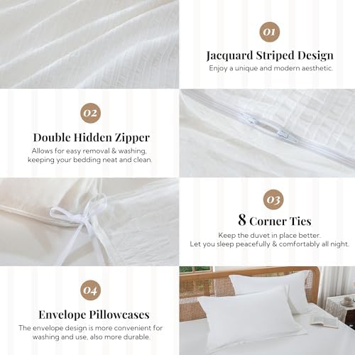 MILDLY White Textured Duvet Cover Set 3pcs Dual Zipper Queen