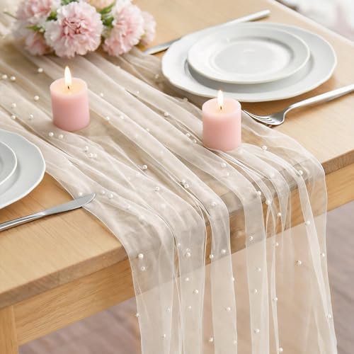 Beige Gauze Table Runner 120 Inch, Sheer Boho Rustic Cheesecloth