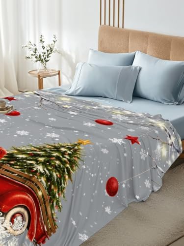Cal King Size Flat Sheet Only, Farmhouse Red Truck Xmas Tree Bed Top