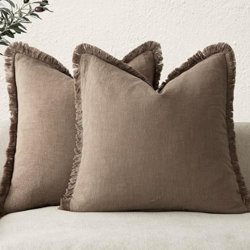Foindtower Decorative Linen Fringe Throw Pillow Covers 22×22 Light