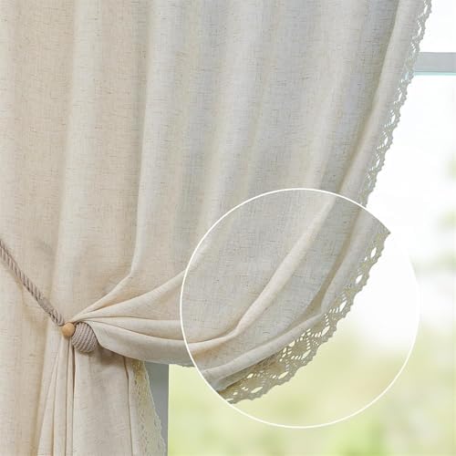 Beige Linen Curtains 63 Inch Long for Bedroom Living Room Semi Sheer