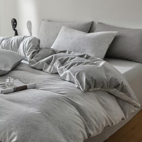 Botanical Floral Duvet Cover Set Full Washed Cotton Light Gray Bedding