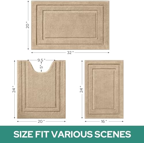 HOMEIDEAS Khaki Bathroom Rugs Set of 3, Non Slip Bath Mats