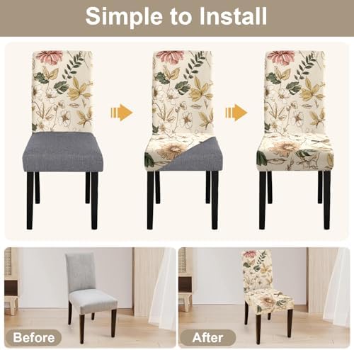 ANNA QUEEN Beige Botanical Floral Dining Chair Covers Set of 4