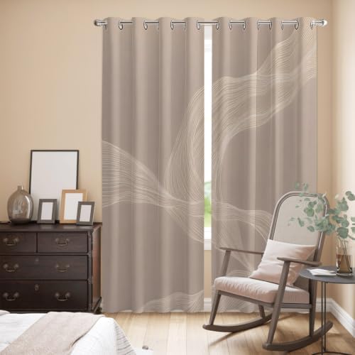 Warm Taupe Line Art Window Curtains Panels with Silver Grommet, Modern