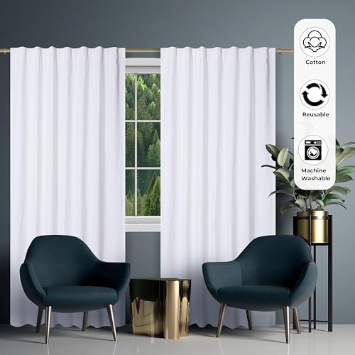 Bedding Craft White Cotton Curtains,63 Inch Tab Top Cotton Curtain Set