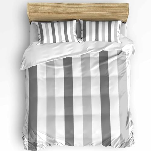 Duvet Cover Set Queen, Minimalist Art Grey Stripes 3 Piece Bedding Set