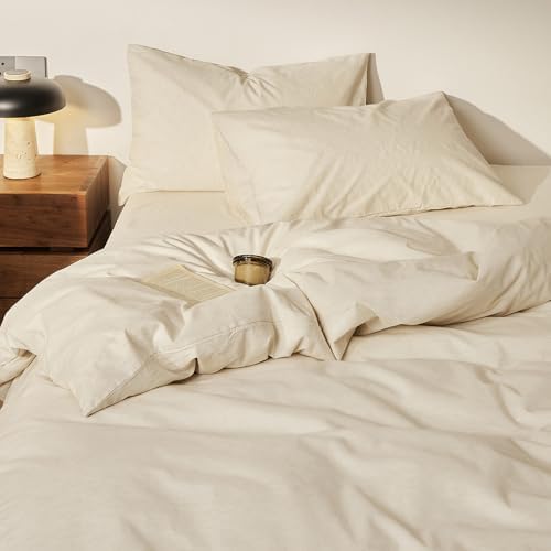 Cream Beige Duvet Cover Full Size, Washed Cotton Minimalist Bedding