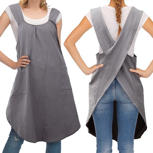 JaGely 2 Pack Japanese Linen Cross Back Kitchen Cooking Aprons for