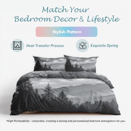 Grey Forest Duvet Cover King Size, Misty Mountain Pattern Bedding Set