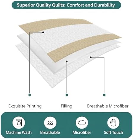 Teamery Queen Quilt Bedding Set Beige White Stripes Breathable Summer