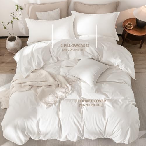 3Pcs Off White Solid Queen Duvet Cover Set Washed Cotton