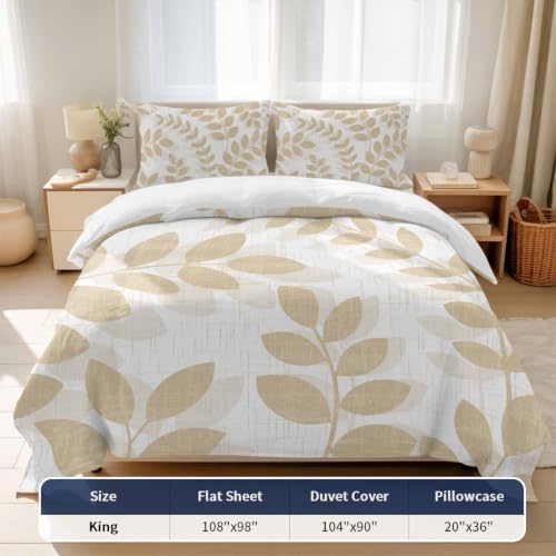 Beige Leaves King 4 Piece Duvet Cover Set, Summer Farmhouse Botanical