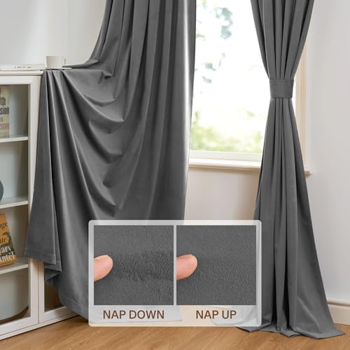 StangH Grey Velvet Curtains 108 inches Long Dual Rod Pocket, 2 Panels