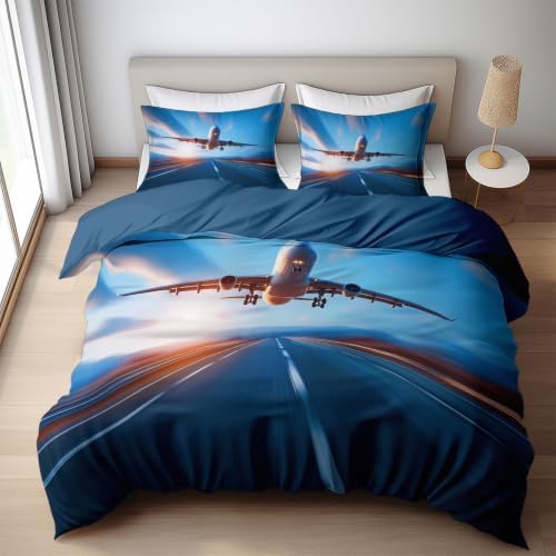 King Duvet Cover Set Soft Microfiber Airplane Sky Sky Blue