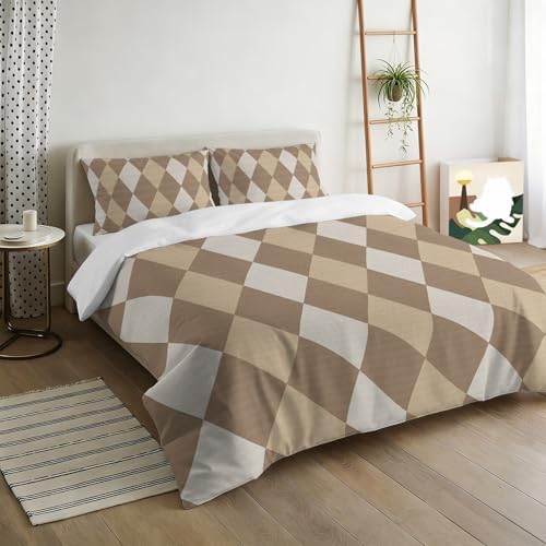 3 Pieces Bedding Set King Size, Coffee Beige Rhombus Soft Duvet Covers