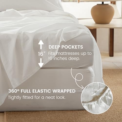 BISELINA 100% Washed Cotton Sheet Set Full Size 4 Pieces Soft