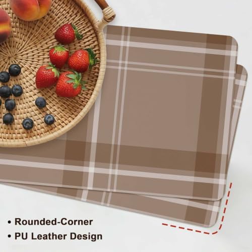 Placemats Set of 6, Minimalist Taupe Brown Plaid Faux Leather Placemat