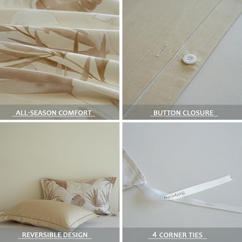 Queen Duvet Cover Set, 100% Cotton Beige Botanical Leaf Printed