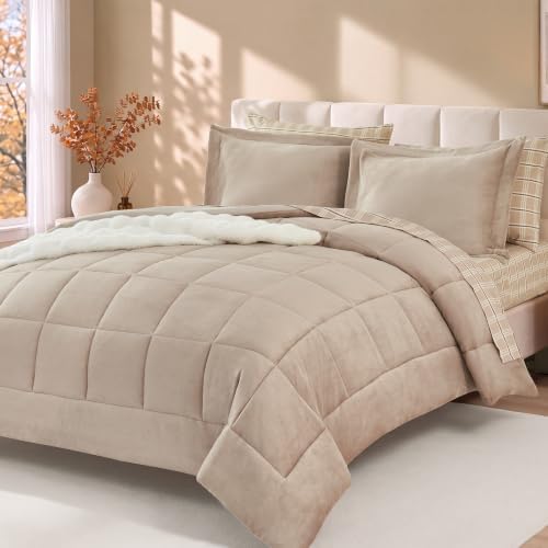 Plush Queen Comforter Set Light Taupe Flannel Velvet Bedding Sets