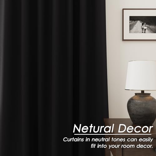 Black Linen Blackout Curtains 84 Inches for Bedroom Pinch Pleated
