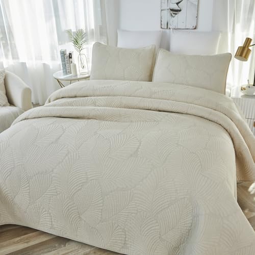 Brandream Beige Palm Quilt Set Queen Size Cotton Matelasse Tropical