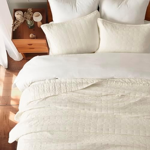 EVERGRACEHOME Stonewashed Cotton Quilt Set, King Size, Ivory White