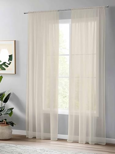 Ivory White Sheer Curtains 108 Inch Length 2 Panels Set, Solid Color