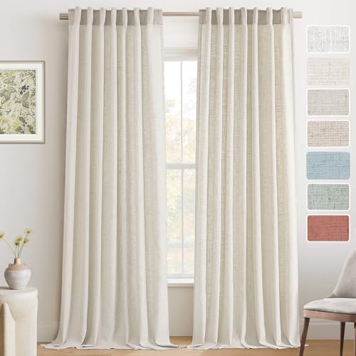 PrinceDeco Ivory Semi Sheer Linen Curtains 84 inch Long for Living