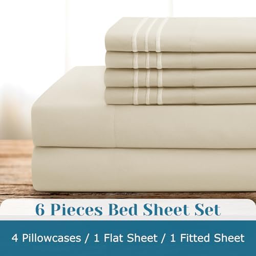 BYSURE 6 Pieces Bed Sheets Set with Pockets on Side(King, Cream)