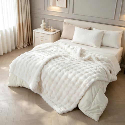 YUSOKI Double Sided Faux Rabbit Fur Throw Blanket, Cream, 60"x72"