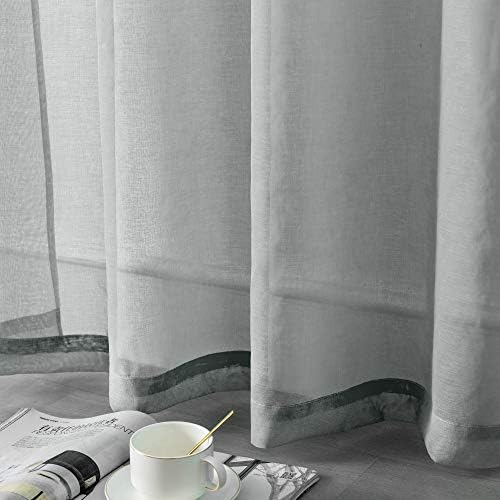 DUALIFE Grey Sheer Curtains 63 Inch Length,Faux Linen Semi Sheer